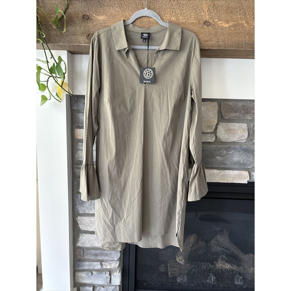 BOBEAU dress Women’s XL green military khaki caftan bell sleeve Collared V Neck